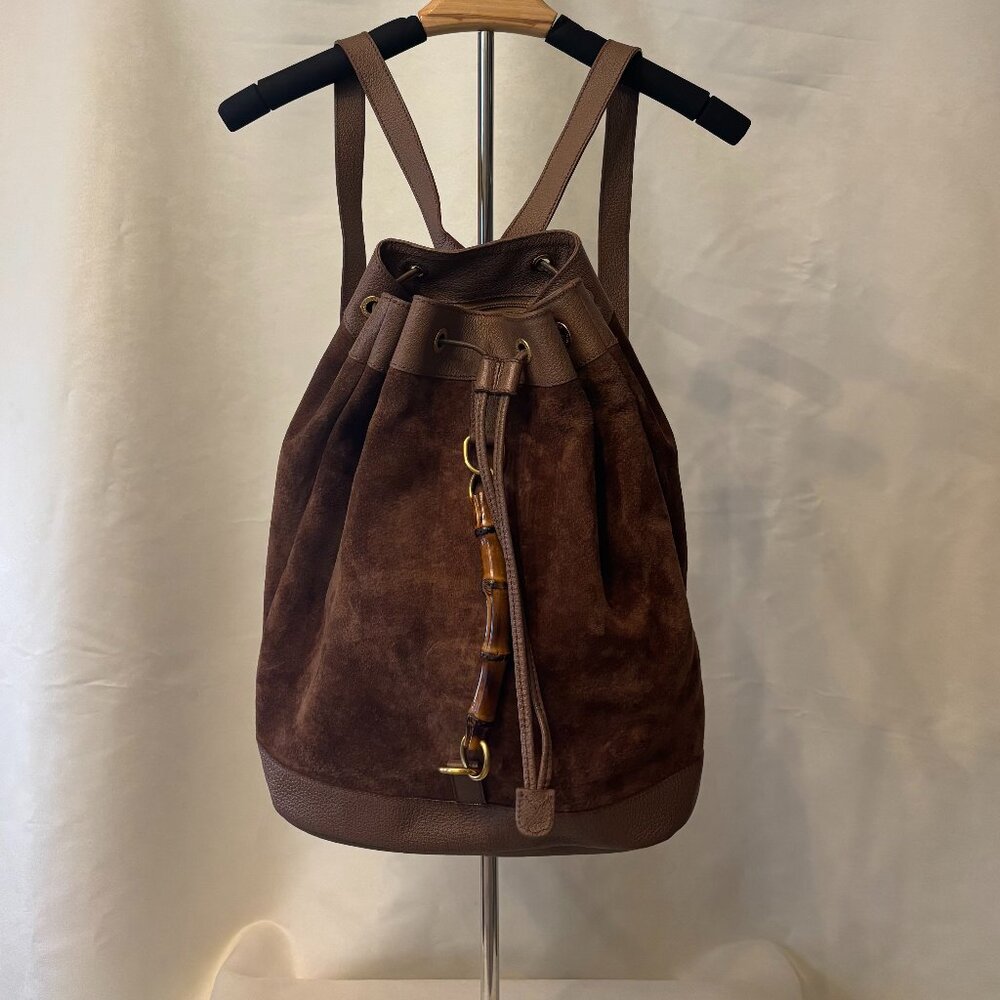 Gucci Vintage Bamboo Suede Leather Backpack Brown With Dust Bag (Like New)